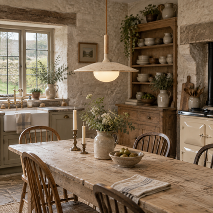 Annadel Sonoma stone pendant light over a pine table in a Cotswold cottage kitchen