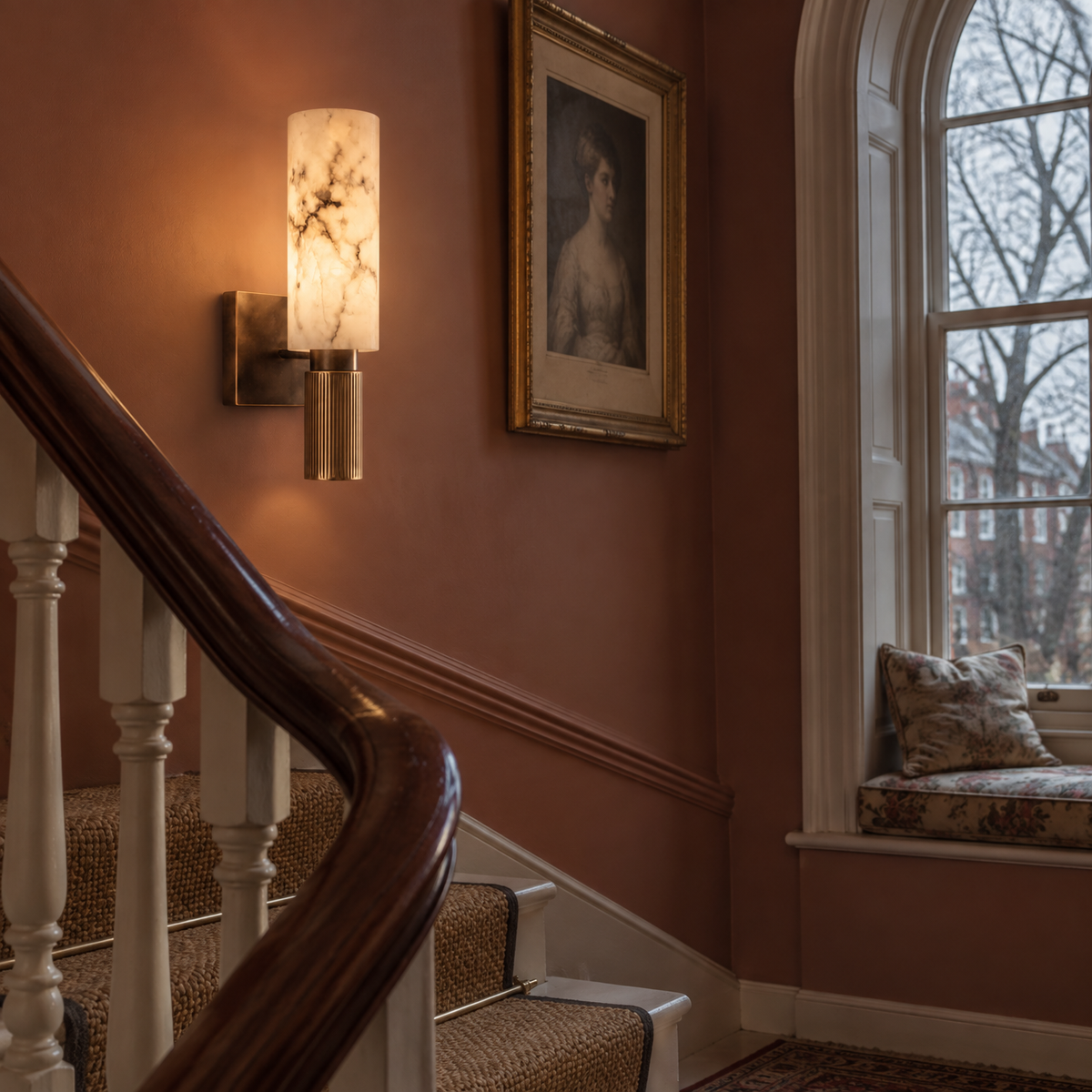 Ansu alabaster wall lamp on a terracotta Georgian half-landing