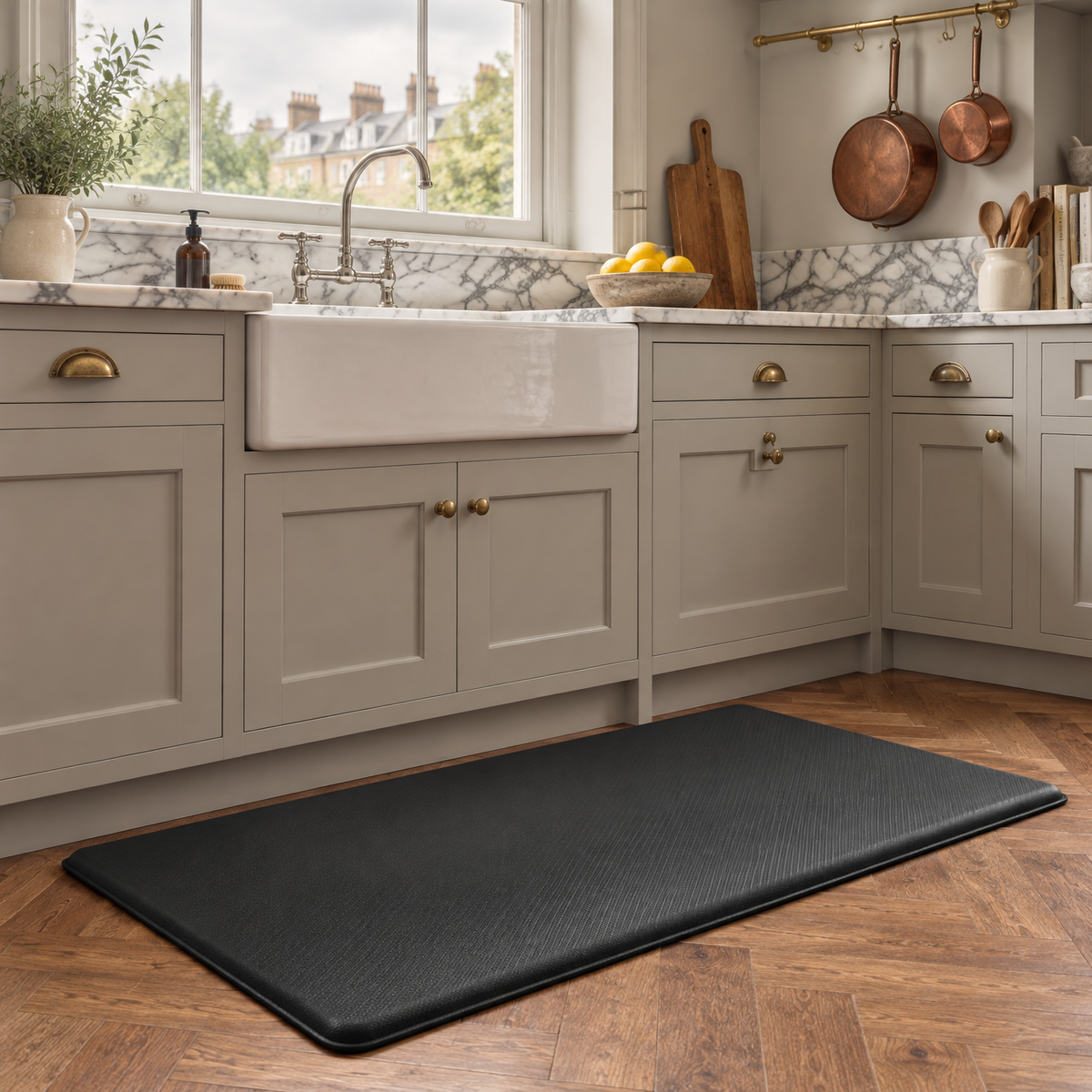 Anti-slip anti-fatigue kitchen mat in front of the sink in a marble kitchen