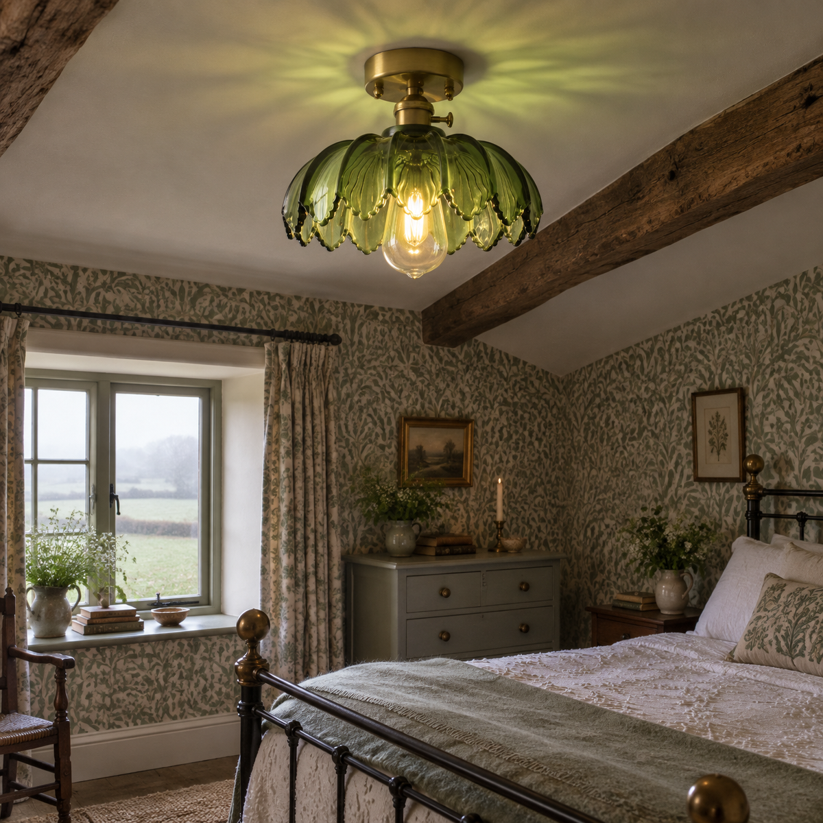 Art Nouveau lotus flower glass ceiling light in a beamed cottage bedroom