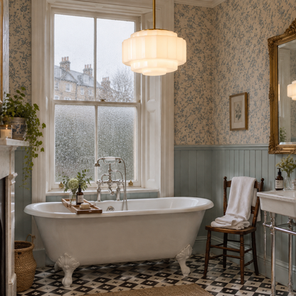 Antique brass tiered opal glass pendant light in a Victorian bathroom