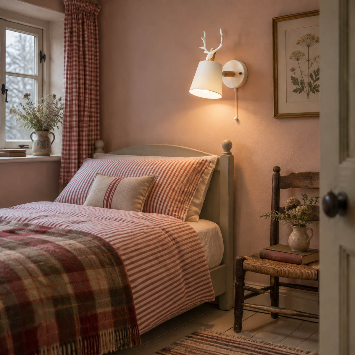 Antler wall sconce beside a single bed in a cottage spare bedroom