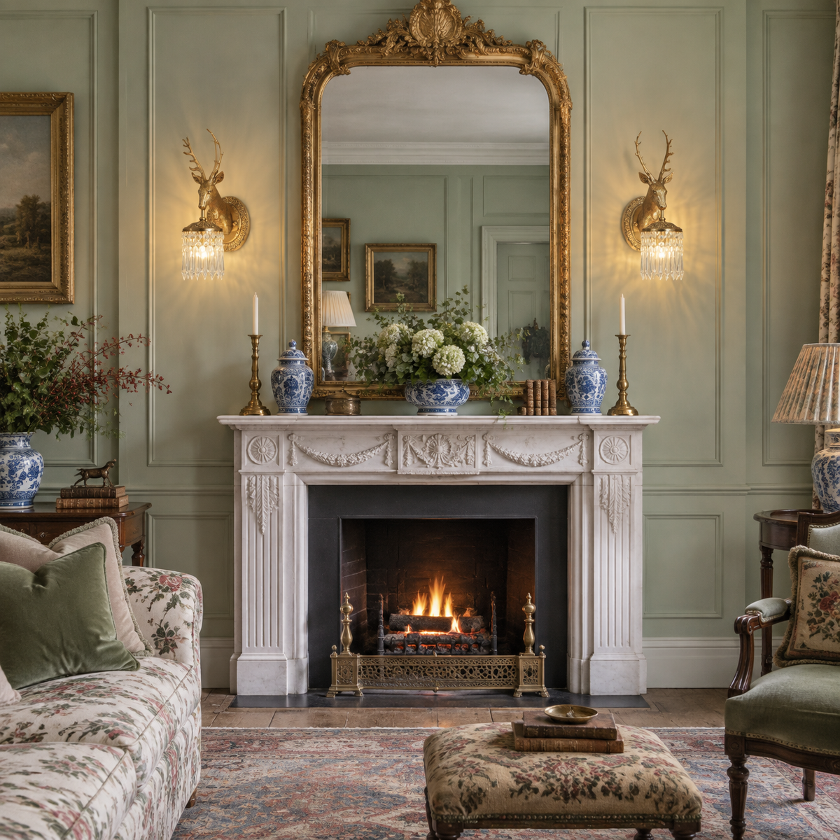 Pair of Antler crystal wall lamps flanking a gilt overmantel mirror