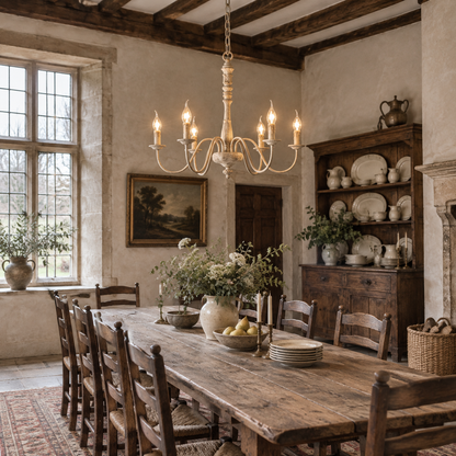 Apalachicola chandelier above a refectory table in a country rectory dining hall