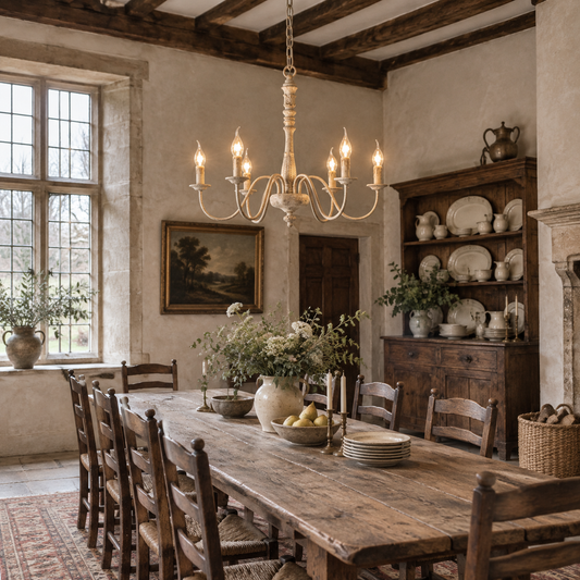 Apalachicola chandelier above a refectory table in a country rectory dining hall