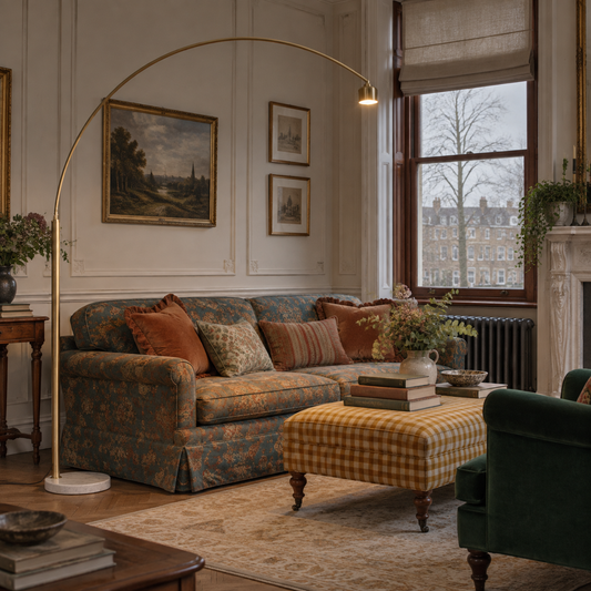 Brass arc floor lamp with white marble base in a Victorian drawing room
