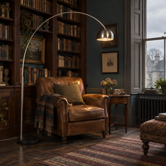 Steel arc floor lamp beside a leather armchair in a teal home library