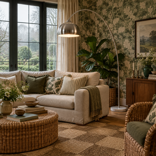 Steel arc floor lamp with marble base over a linen sofa
