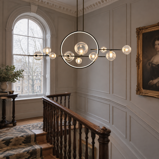 Glass globe chandelier in a Victorian stairwell