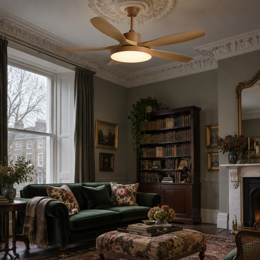 Wood and brass ceiling fan with light in a Victorian drawing room