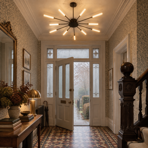 Contemporary acrylic chandelier in an Edwardian entrance hall