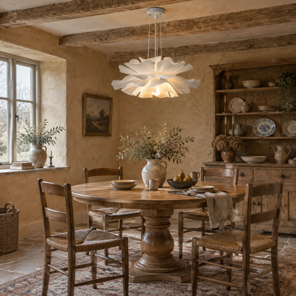 Acrylic chandelier over a round table in a Cotswold dining room