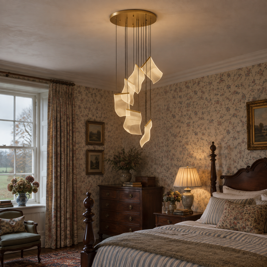 Round acrylic chandelier in a country rectory bedroom