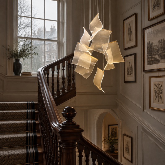 Acrylic leaf chandelier hanging in a Victorian stairwell