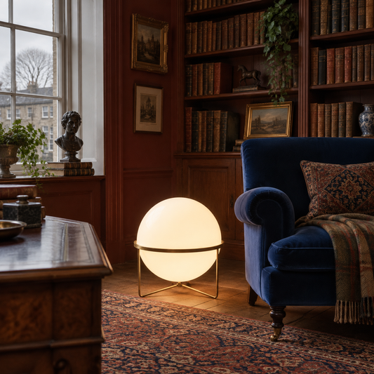 Acrylic floor lamp beside an armchair in a Georgian library
