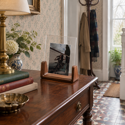 Acrylic and wood photo frame on a hallway console