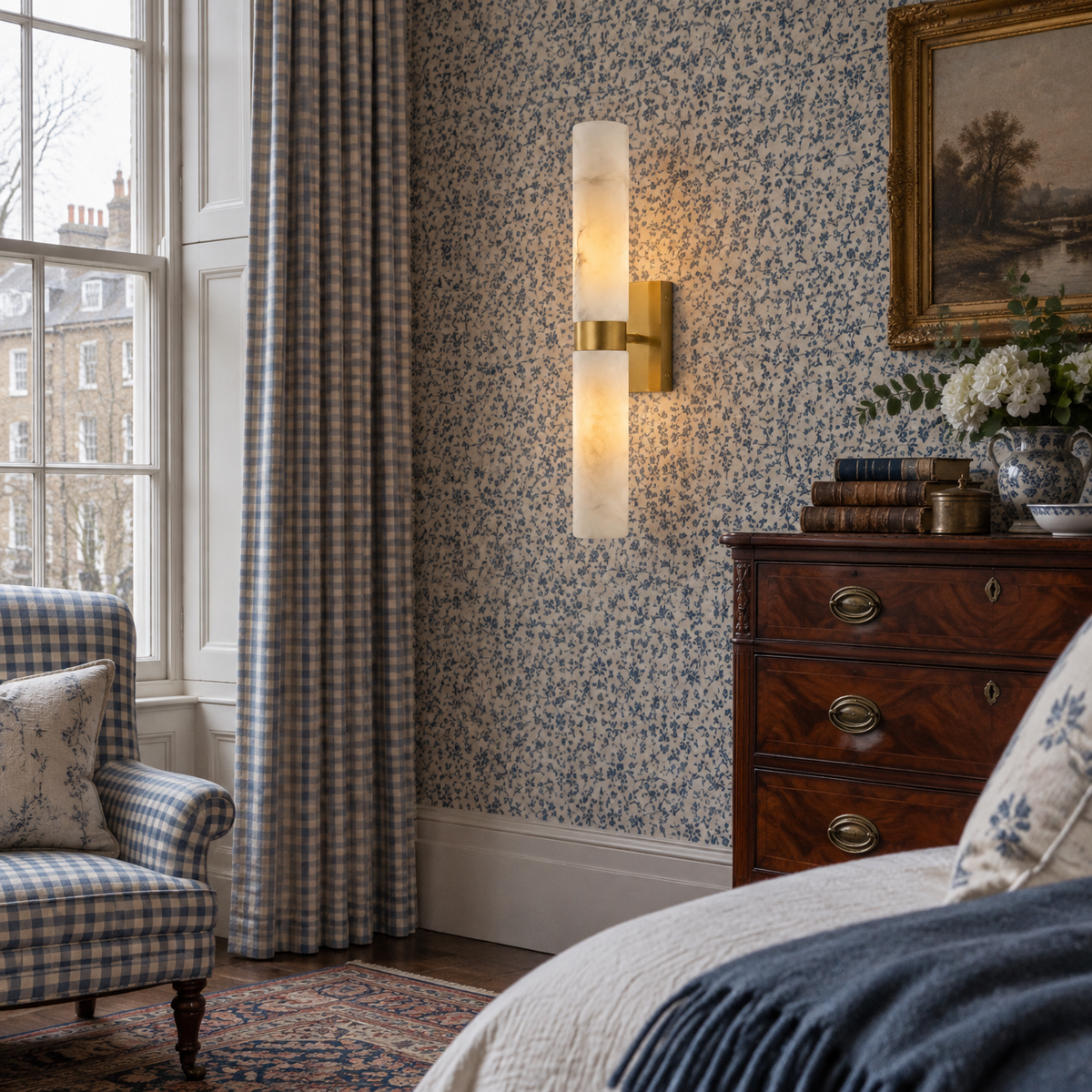 Alabaster double tube wall sconce in a Georgian bedroom