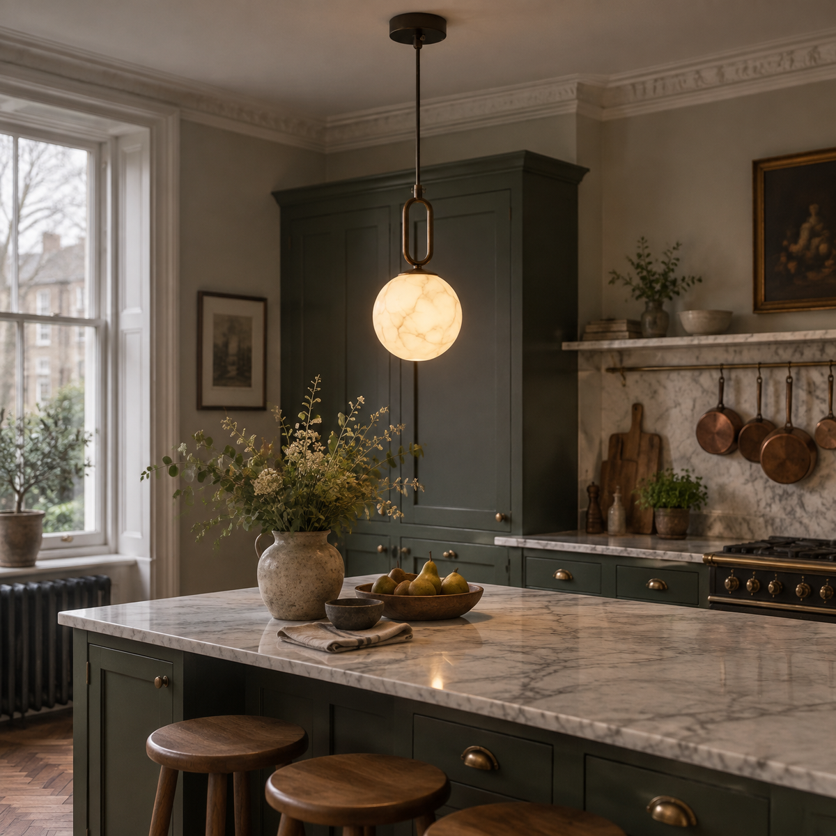 Alabaster and copper pendant light in a Victorian kitchen