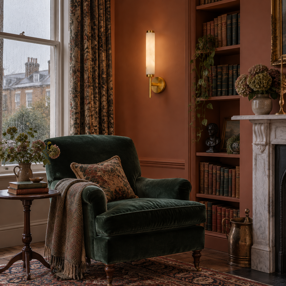 Minimalist brass alabaster wall sconce in a drawing room