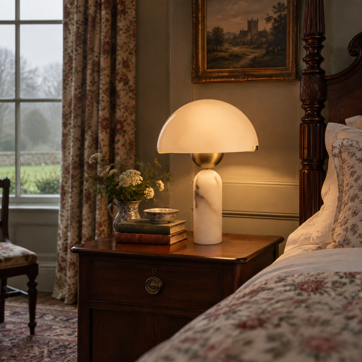 Alabaster table lamp on a bedside table in a rectory bedroom