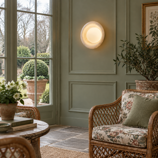 Alabaster plate wall light in a Georgian garden room