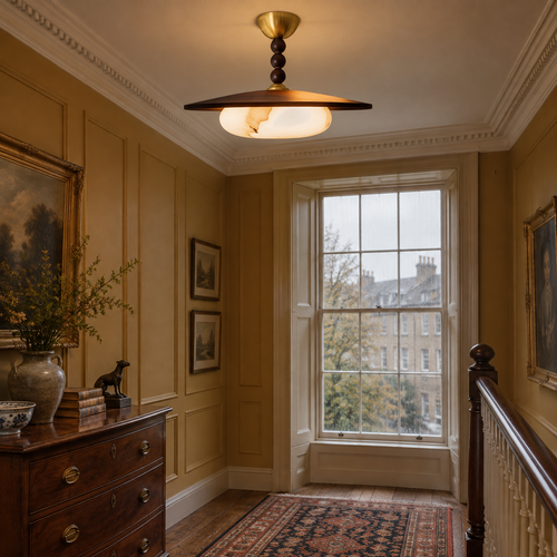 Alabaster and brass ceiling light on a Georgian landing
