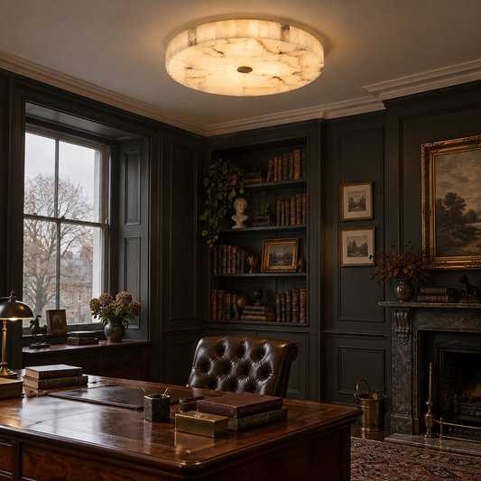 Round alabaster flush mount ceiling light in a Victorian study