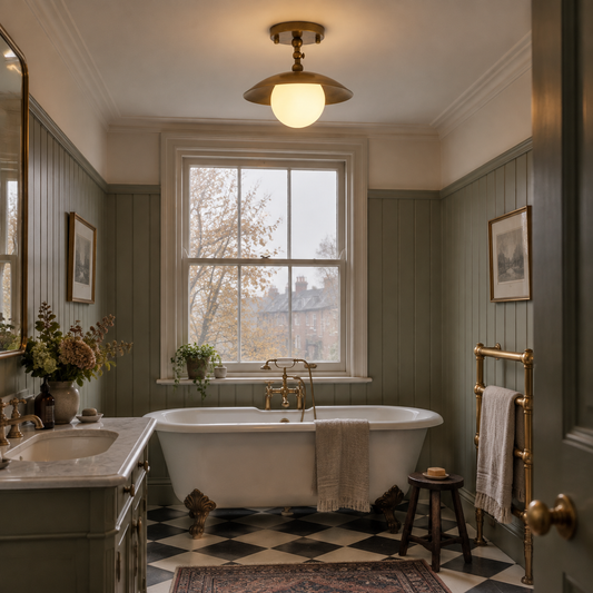 Alabaster flush mount ceiling light in an Edwardian bathroom