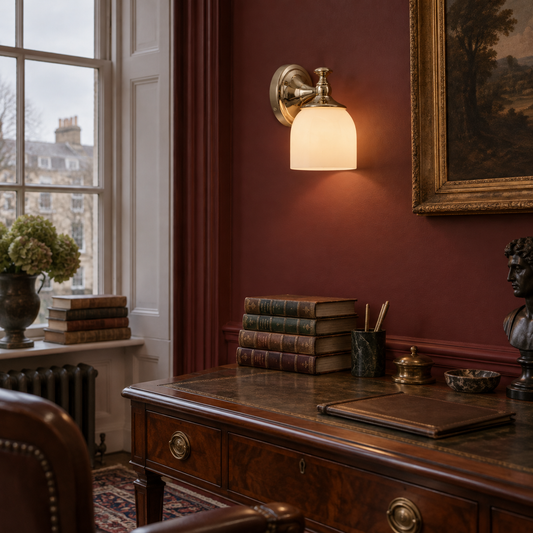 Brass short arm alabaster wall sconce in a Georgian study