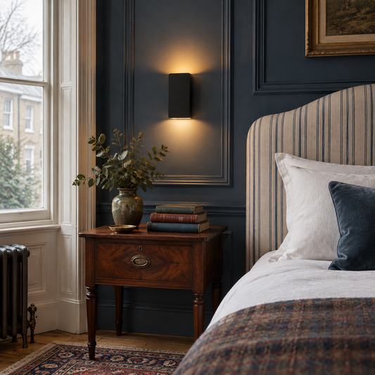 Aluminium LED wall lamp beside a bed in a Victorian bedroom