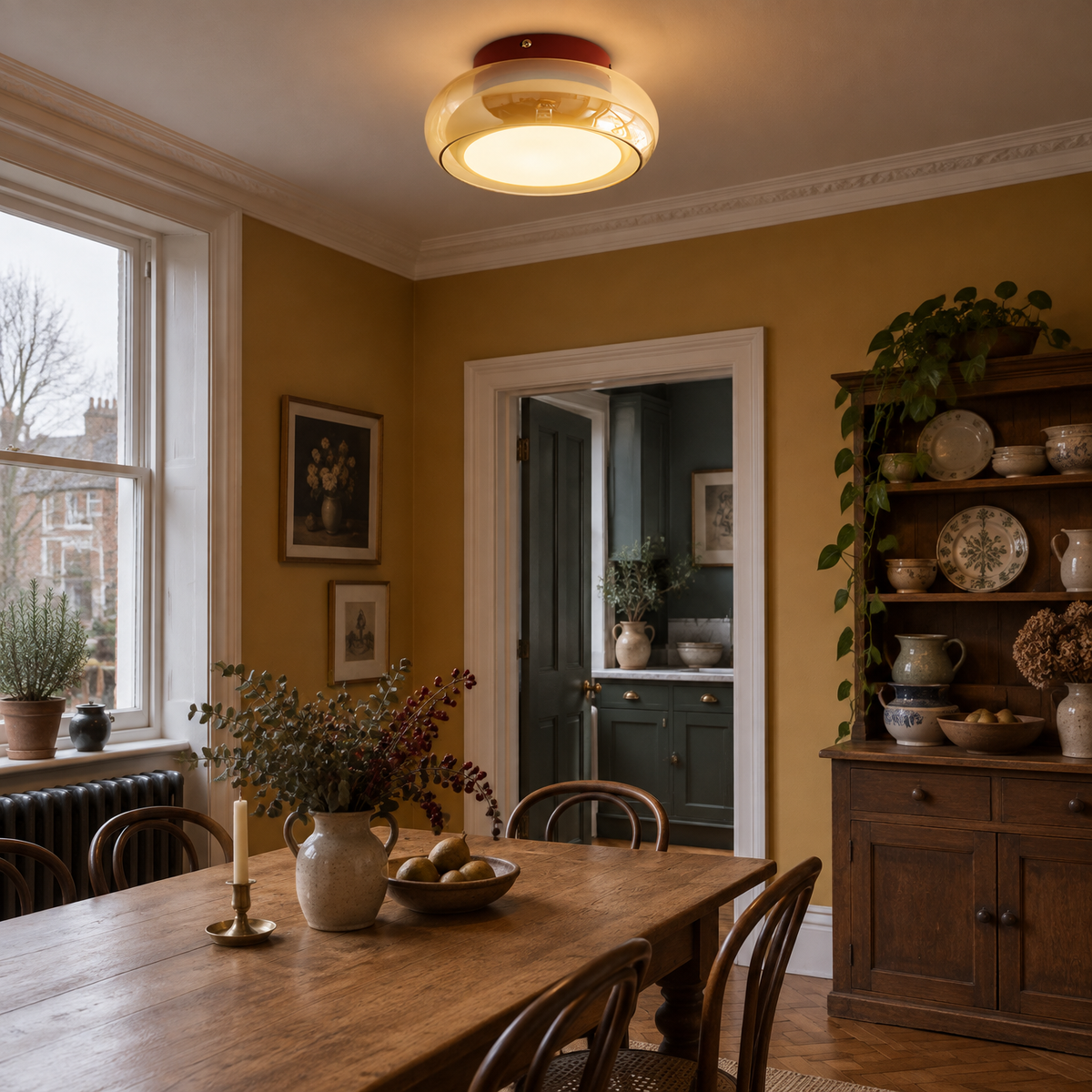 Retro amber glass ceiling light in an Edwardian kitchen-diner