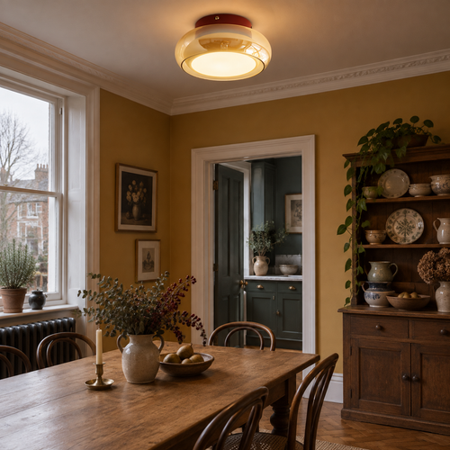 Retro amber glass ceiling light in an Edwardian kitchen-diner
