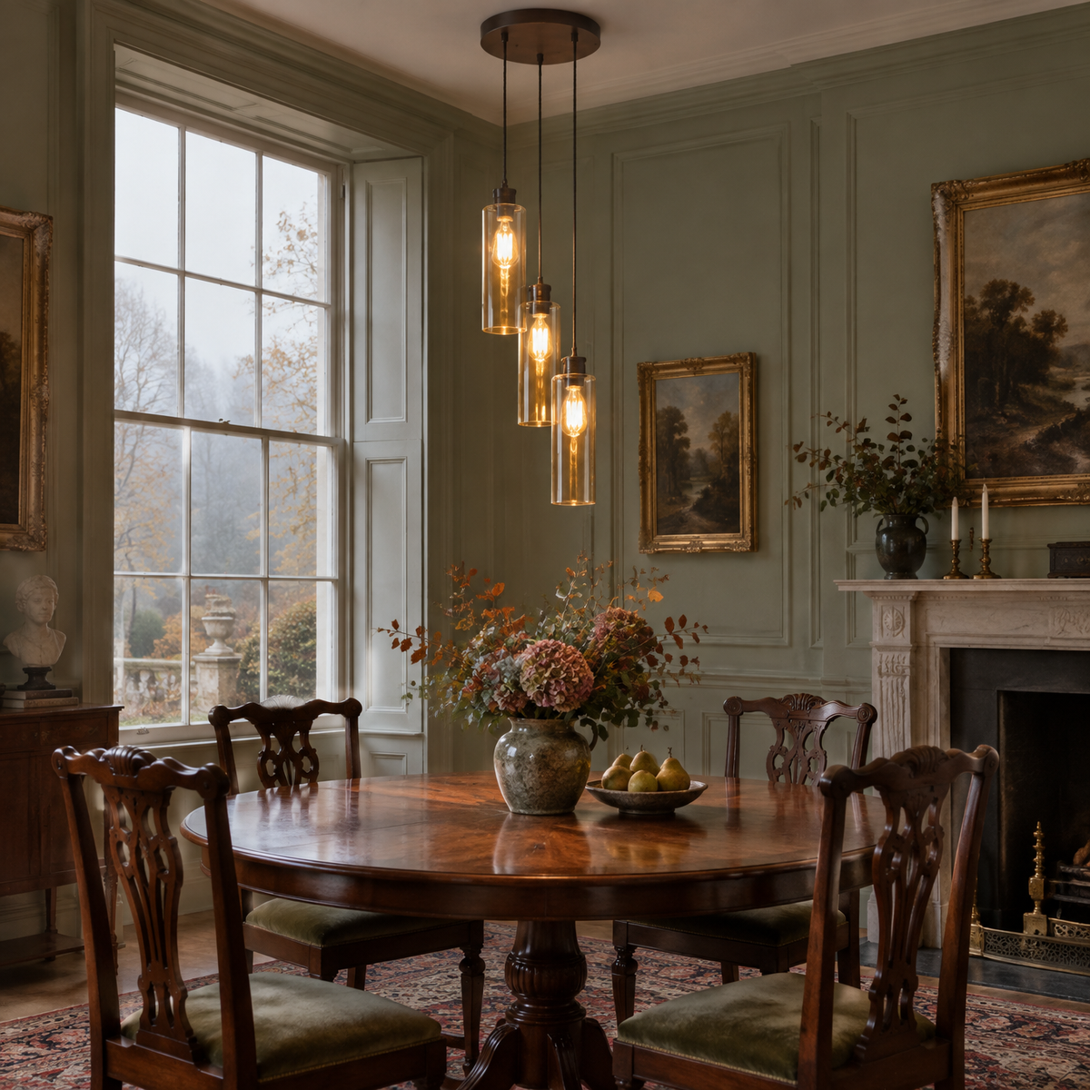 Dark bronze three light amber pendant in a Georgian dining room
