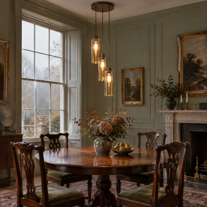 Dark bronze three light amber pendant in a Georgian dining room