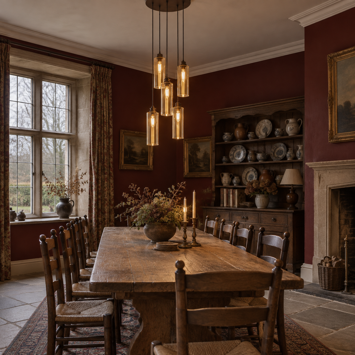 Dark bronze five light amber pendant in a rectory dining room