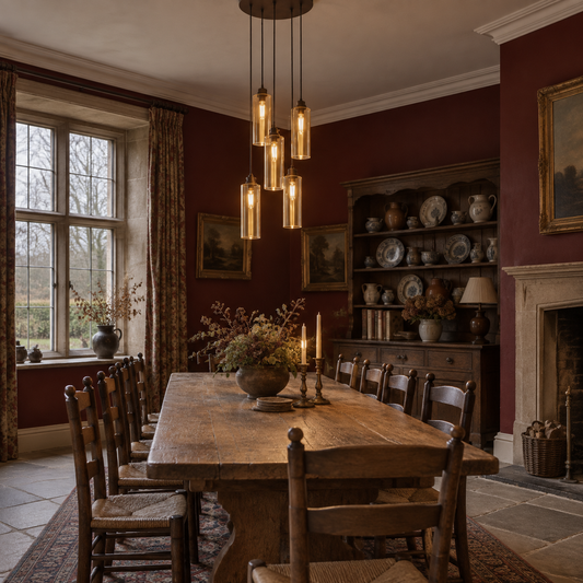 Dark bronze five light amber pendant in a rectory dining room