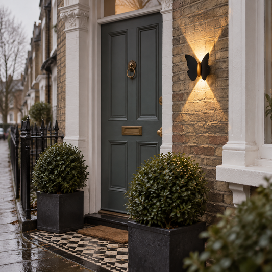 Animal shaped outdoor wall light beside a Victorian front door