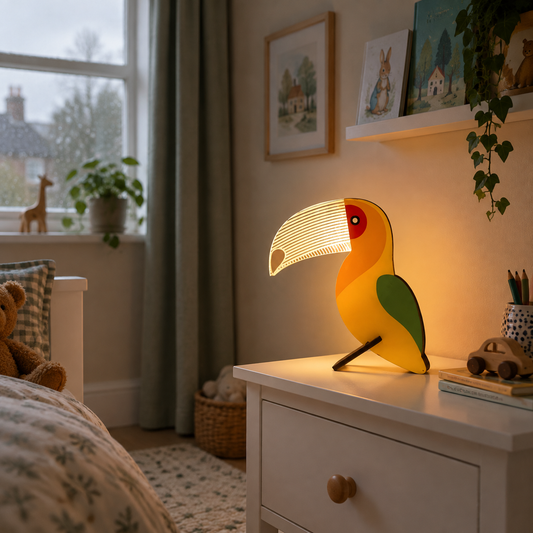 Animal night light on a bedside table in a child's room