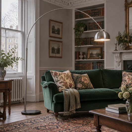 Steel arc floor lamp over a sofa in a Victorian drawing room
