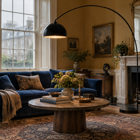 Black XXL arc floor lamp in a Georgian sitting room