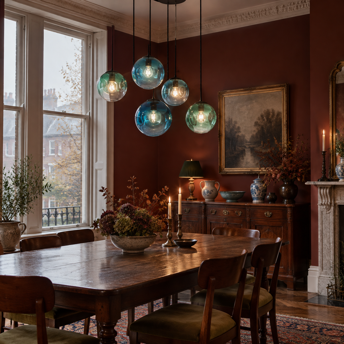 Black Art Deco pendant with coloured glass in a dining room