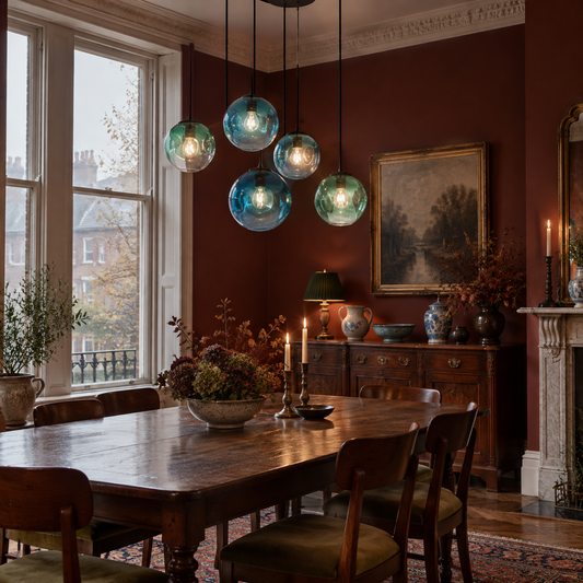 Black Art Deco pendant with coloured glass in a dining room