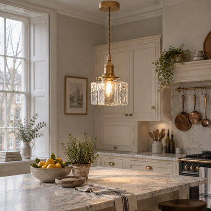 Art Deco glass and copper pendant in a Georgian kitchen