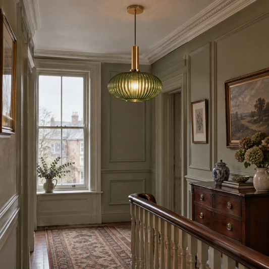 Art Deco glass and metal pendant on an Edwardian landing