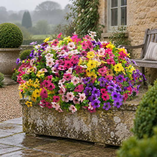Artificial flowers in a stone trough on a Cotswold terrace