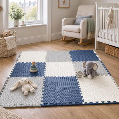 Foam puzzle play mat laid out on a nursery floor