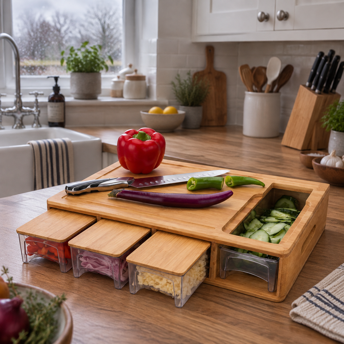 Bamboo cutting board prep station on a kitchen worktop