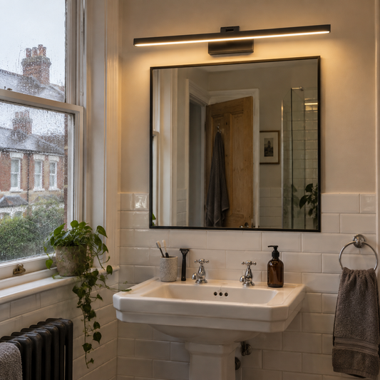 Linear LED vanity light above a mirror in a Victorian terrace bathroom