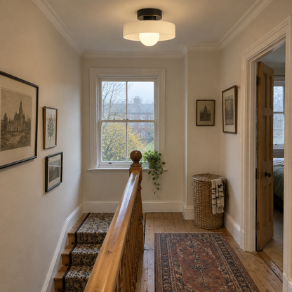 Glass round shade ceiling light on an Edwardian landing