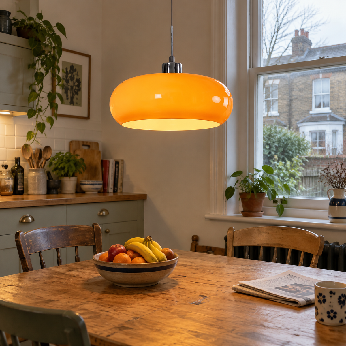 Bauhaus glass pendant over a kitchen table in a Victorian terrace